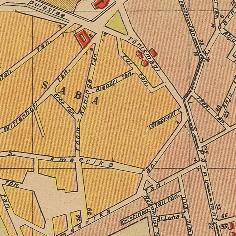 Close-up details of the 1922 Tallinn map 'Topograafia Jaoskkonna Tallinna Linna Plaan' naming 'Õllepruuli' street at the 'Suur-Ameerika', 'Tõnismägi', 'Pärnu maantee' crossroads.