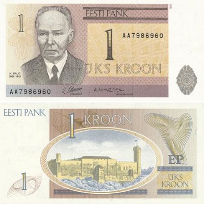 Front and back of a 1-crown (in Estonian, a kroon) banknote with a portrait of Kristjan Raud on the front and the Tallinn city walls and Pikk Herman tower on the back.